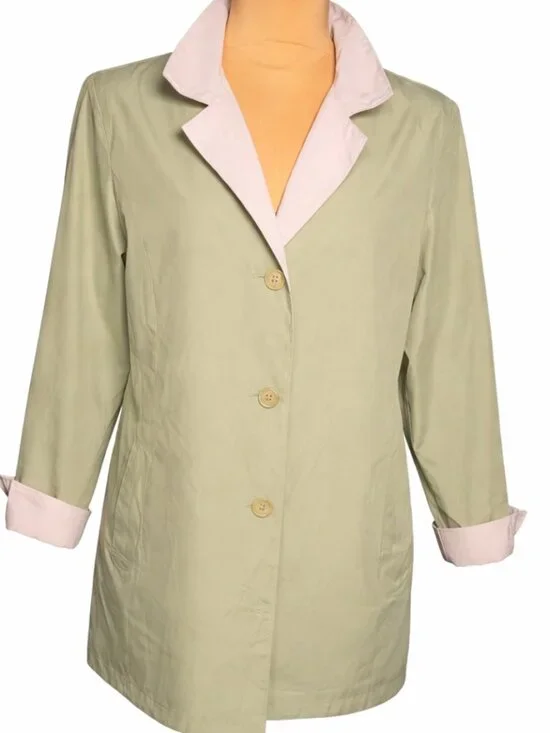 Gallery Sage & Tan Reversible Trench Jacket Small Lightweight Raincoat - Picture 4 of 11